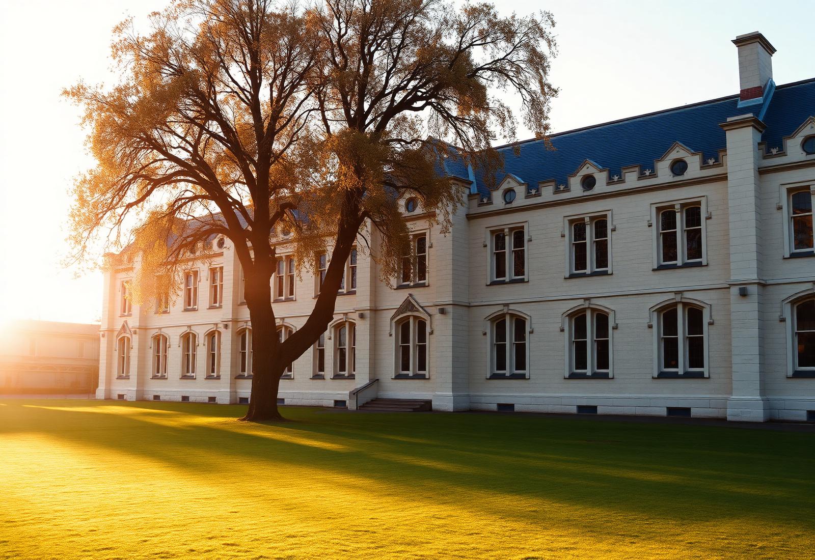 Historic bluestone school building at golden hour